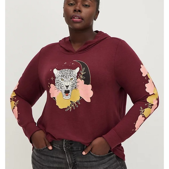 NWT Torrid Hoodie Tee - Triblend Jersey Floral Cheetah Wine - Picture 4 of 5